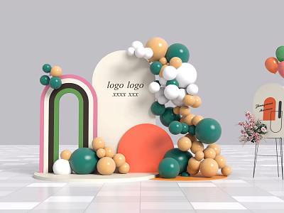Colorful Event Decorations With Green Orange White Balloon Arch Logo 2023 2024 3d model