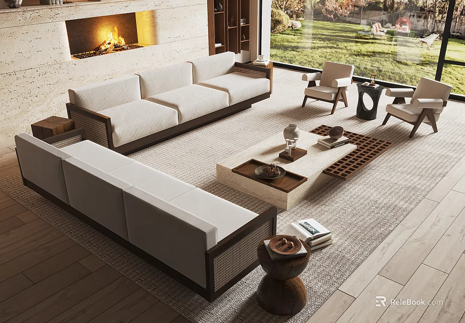 Modern L shaped Fabric Sofa Wooden Coffee Table Set With Fireplace And Armchairs 3d model 