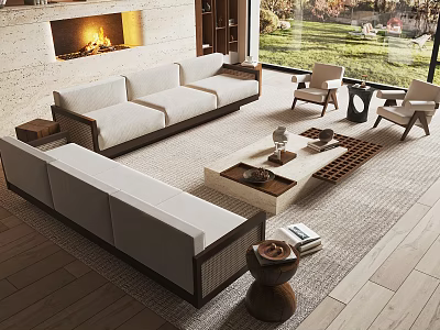 Modern L shaped Fabric Sofa Wooden Coffee Table Set With Fireplace And Armchairs 3d model