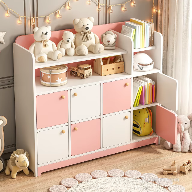 Pink And White Kids Shoe Cabinet With Drawers Stuffed Toys On Top And Bookshelf 3d model 
