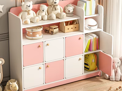 Pink And White Kids Shoe Cabinet With Drawers Stuffed Toys On Top And Bookshelf 3d model
