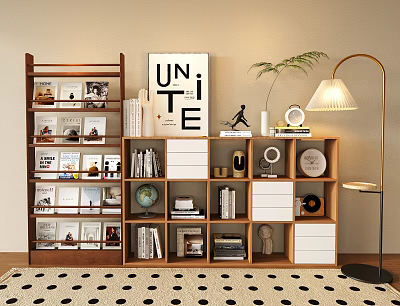 Wooden Bookcase With Multi tiered Shelves Books Decorative Items Potted Plant And Floor Lamp 3d model