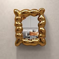 Golden Bubble Shaped Mirror Wall Mounted Decor Reflecting Sofa And Cushions In Living Room