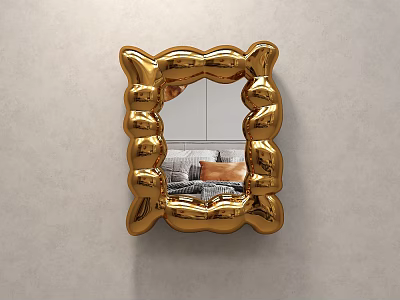 Golden Bubble Shaped Mirror Wall Mounted Decor Reflecting Sofa And Cushions In Living Room 3d model