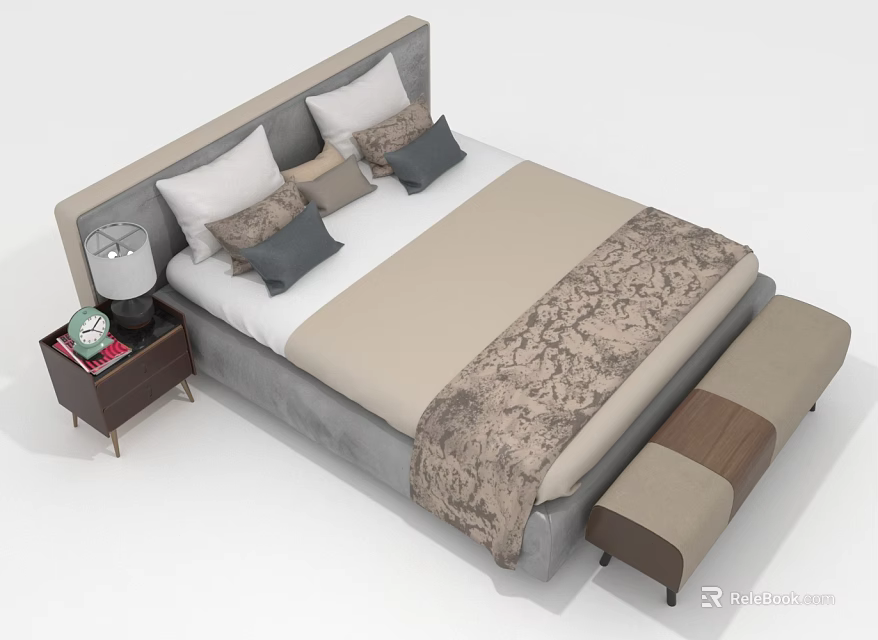 Comfortable Double Bed With Upholstered Headboard Patterned Bedspread Pillows And Nightstand Lamp 3d model 