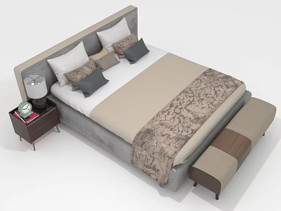 Comfortable Double Bed With Upholstered Headboard Patterned Bedspread Pillows And Nightstand Lamp 3d model