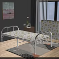 Cozy Room Interior With White Metal Folding Bed Patterned Mattress Nightstand And Table Lamp