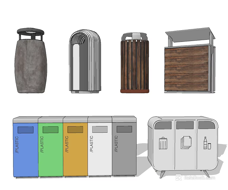 Public Facilities Trash Bins In Various Materials And Color Coded For Recycling 3d model 