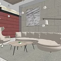 Modern Leisure Area With Circular Sofa Round Rug Stone Pillars And Wooden Walls