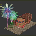 Vintage Truck With Canvas Cover Near Palm Trees Green Oil Drums On Sandy Ground