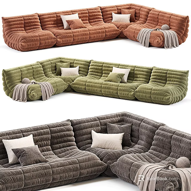 Comfortable L Shaped Sectional Sofa With Tufted Texture Pillows And Blankets In Various Colors 3d model 