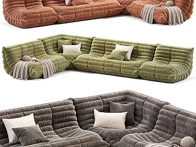 Comfortable L Shaped Sectional Sofa With Tufted Texture Pillows And Blankets In Various Colors 3d model