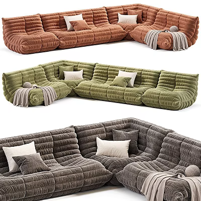 Comfortable L Shaped Sectional Sofa With Tufted Texture Pillows And Blankets In Various Colors 3d model