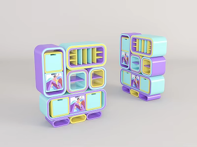 Colorful Modern Entryway Side Cabinet With Multiple Storage Compartments And Purple Blue Design 3d model