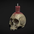 Skull Shaped Candle Lamp With Lit Red Candle And Dripping Wax