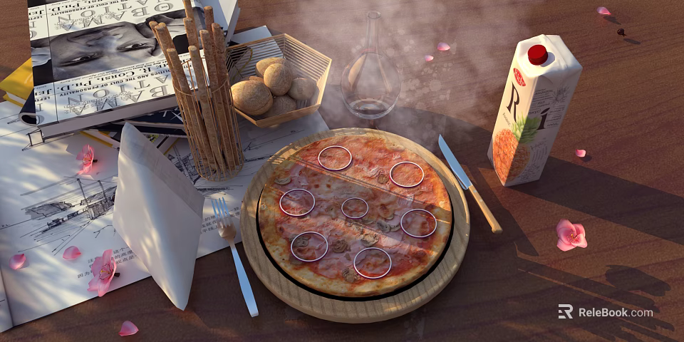 Delicious Pizza With Onion Rings On Wooden Board Knife Fork Bread And Milk Carton 3d model 