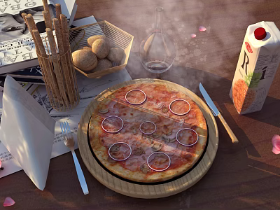 Delicious Pizza With Onion Rings On Wooden Board Knife Fork Bread And Milk Carton 3d model