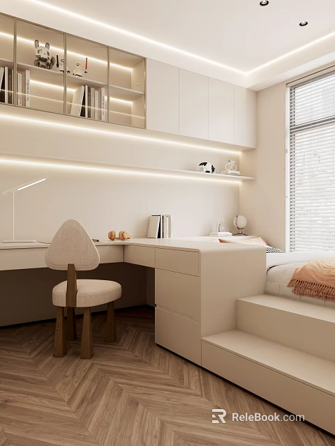 Modern Minimalist Tatami Bedroom With Writing Desk Upholstered Chair Shelves Window Blinds And Soft Lighting 3d model 