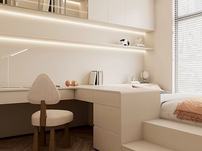 Modern Minimalist Tatami Bedroom With Writing Desk Upholstered Chair Shelves Window Blinds And Soft Lighting 3d model