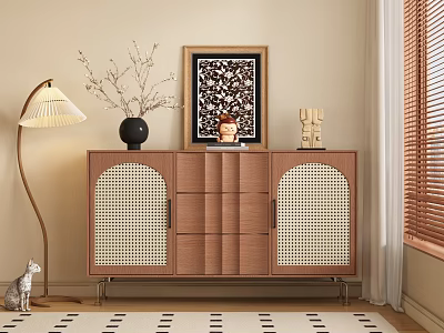 Modern Wooden Sideboard with Woven Doors Decorative Painting Vase Branches and Floor Lamp 3d model