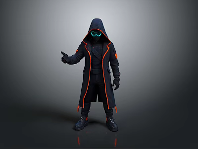 Futuristic Cyberpunk Character Outfit With Black Hooded Coat Orange Lines And Glowing Goggles 3d model