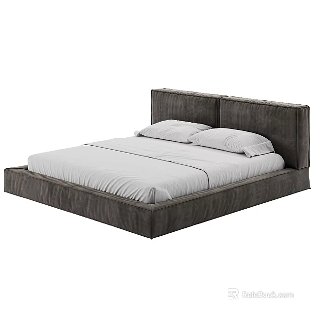 Modern Dark Gray Upholstered Double Bed With White Linens And Pillows 3d model 