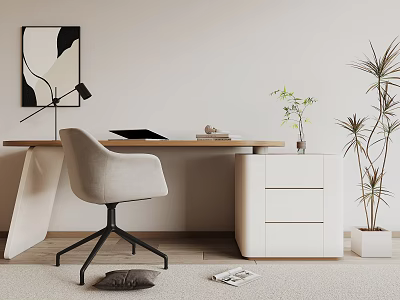 Modern Desk with Table Lamp Laptop Books Chair White Drawer Cabinet and Green Plants 3d model