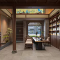 Traditional Chinese Style Elevator Aisle With Wooden Bookshelves Green Plants Warm Lighting And Staircase