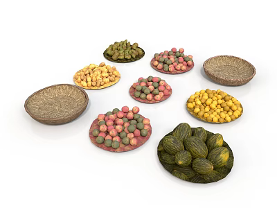 Household Items Display With Colorful Balls And Cucumbers On Decorative Plates 3d model