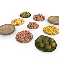 Household Items Display With Colorful Balls And Cucumbers On Decorative Plates