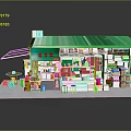Small Shop Model Interior With Green Roof Red Tables Chairs Counter And Shelves