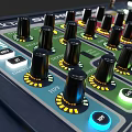 Household Audio Mixer Device Featuring Multiple Faders Knobs And Colorful Panels