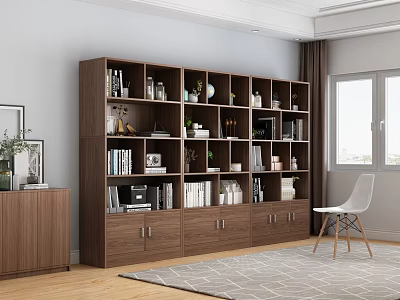 Modern Wooden Bookcase With Multiple Shelves Books And Decor Items In Bright Interior 3d model