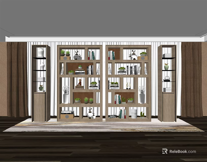 Modern Wooden Bookcase With Multiple Shelves Books Decorative Items And Potted Plants 3d model 