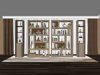 Modern Wooden Bookcase With Multiple Shelves Books Decorative Items And Potted Plants 3d model