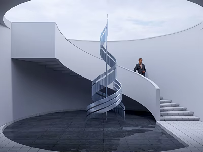 Spiral Metal Sculpture in Circular Space with White Curved Staircase and Person Standing 3d model