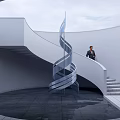 Spiral Metal Sculpture in Circular Space with White Curved Staircase and Person Standing