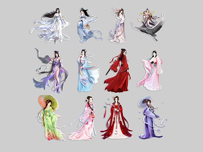 Traditional Chinese Ancient Style Female Characters In Elegant Colorful Dresses And Flowing Robes 3d model