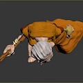 Sorry, the picture mainly shows a 3D character in an orange robe holding a staff, with no train-related elements. It's impossible to generate an English title with "train" as the main subject based on the picture's key information.