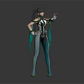 Anime Female Character In Green Black Outfit With Twin Ponytails Making Peace Sign