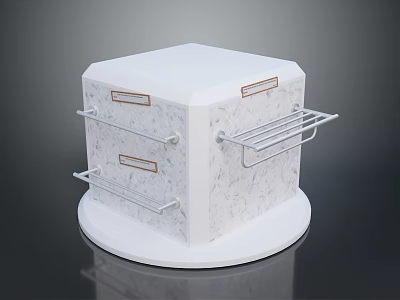 White Hexagonal Equipment Unit With Marble Texture Metal Racks Brown Label Drawers And Circular Base 3d model
