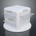 White Hexagonal Equipment Unit With Marble Texture Metal Racks Brown Label Drawers And Circular Base