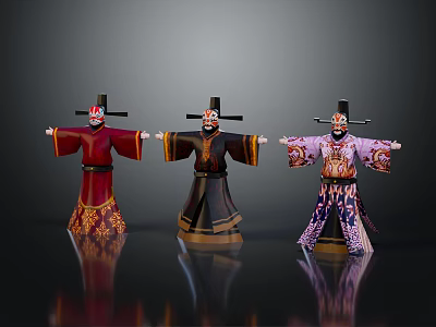 Three Traditional Chinese Opera Characters With Painted Faces Colorful Costumes Black Hats And Arms Outstretched 3d model