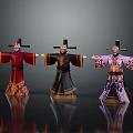 Three Traditional Chinese Opera Characters With Painted Faces Colorful Costumes Black Hats And Arms Outstretched