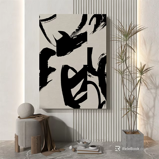 Black And White Abstract Wall Art With Tall Plant Round Decor And Small Stool 3d model 