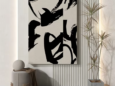 Black And White Abstract Wall Art With Tall Plant Round Decor And Small Stool 3d model