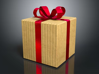 Elegant Gift Box With Yellow Striped Wrapping And Red Ribbon Bow Decoration 3d model
