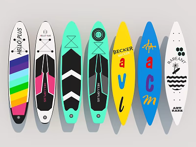 Colorful Paddleboards With Various Designs And Brand Logos On White Background 3d model