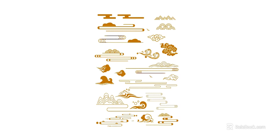 Chinese Traditional Ornamental Patterns Featuring Cloud Wave And Bird Motifs In Golden Line Art 3d model 