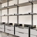 Sleek Modern Metal Shelving Unit With Multiple Shelves And Bottom Storage Drawers